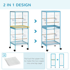 55inch 2 In 1 Bird Cage Aviary Parakeet House For Finches, Budgies With Wheels, Light Blue