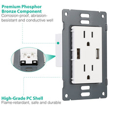 Black-White Color Options -- 1Pc USB Wall Outlet Dual 2.4A USB Wall Charger High Speed Duplex Wall Socket US Standard