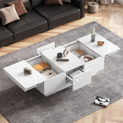 Coffee Table For Living Room, Modern Side Table Wooden Centre Table, White High Gloss Coffee Tea Tables With 2 Drawers And 2 Big Storage Space For Home Office Furniture