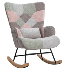 Rocking Chair, Fabric Relaxing Chair Wingback Accent Chair With Solid Wood Legs, Accent Armchair With Ottoman Single Sofa, Chair With Footstool And Pillow For Home Living Room Bedroom, Multicolour