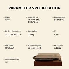 Record Player E300, Turntable, Record Player With 2 Stereo Speaker--Selling On Temu Is Prohibited