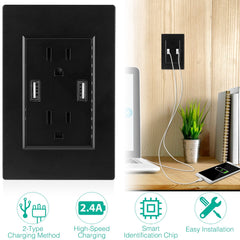 Black-White Color Options -- 1Pc USB Wall Outlet Dual 2.4A USB Wall Charger High Speed Duplex Wall Socket US Standard