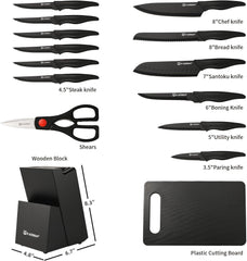 German High Quality Stainless Steel 16 Piece Kitchen Knife Set With Cutting Board Built-in Knife Sharpener Dishwasher Safe 6 Steak Knives Non-slip Handles