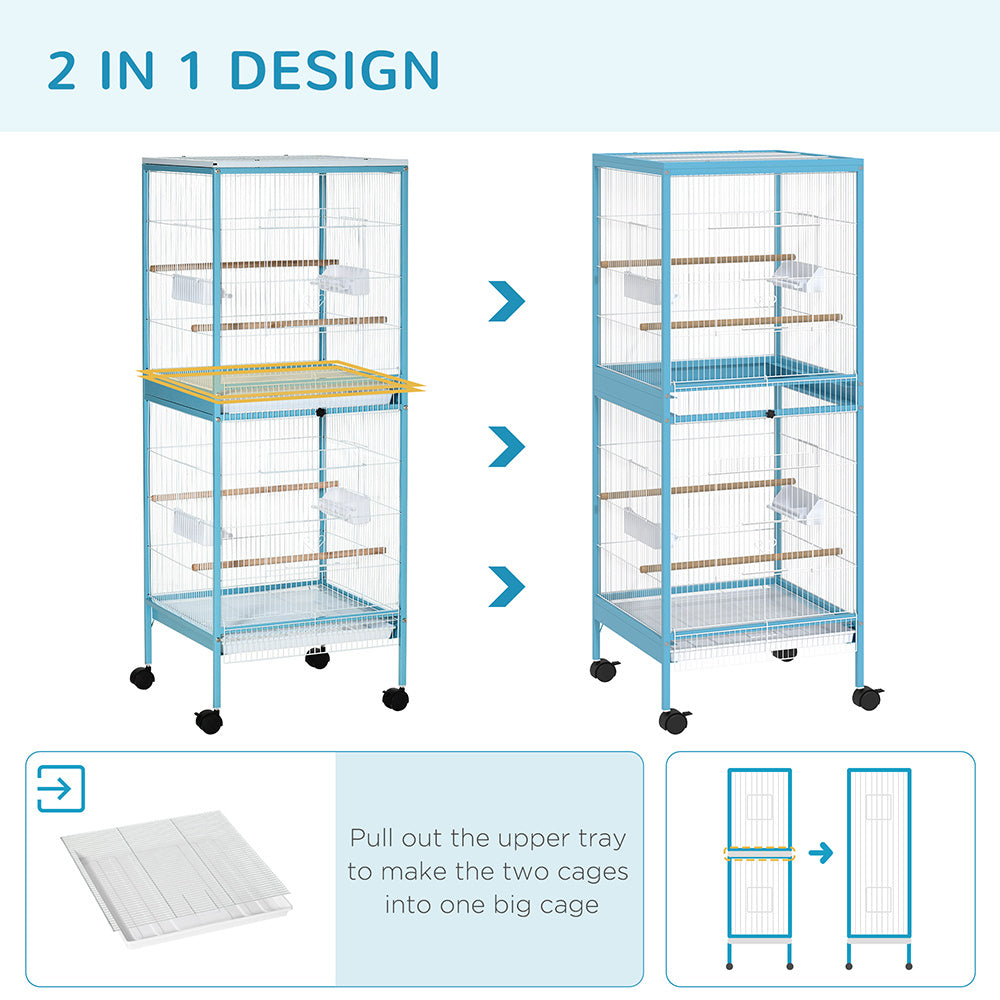 55inch 2 In 1 Bird Cage Aviary Parakeet House For Finches, Budgies With Wheels, Light Blue