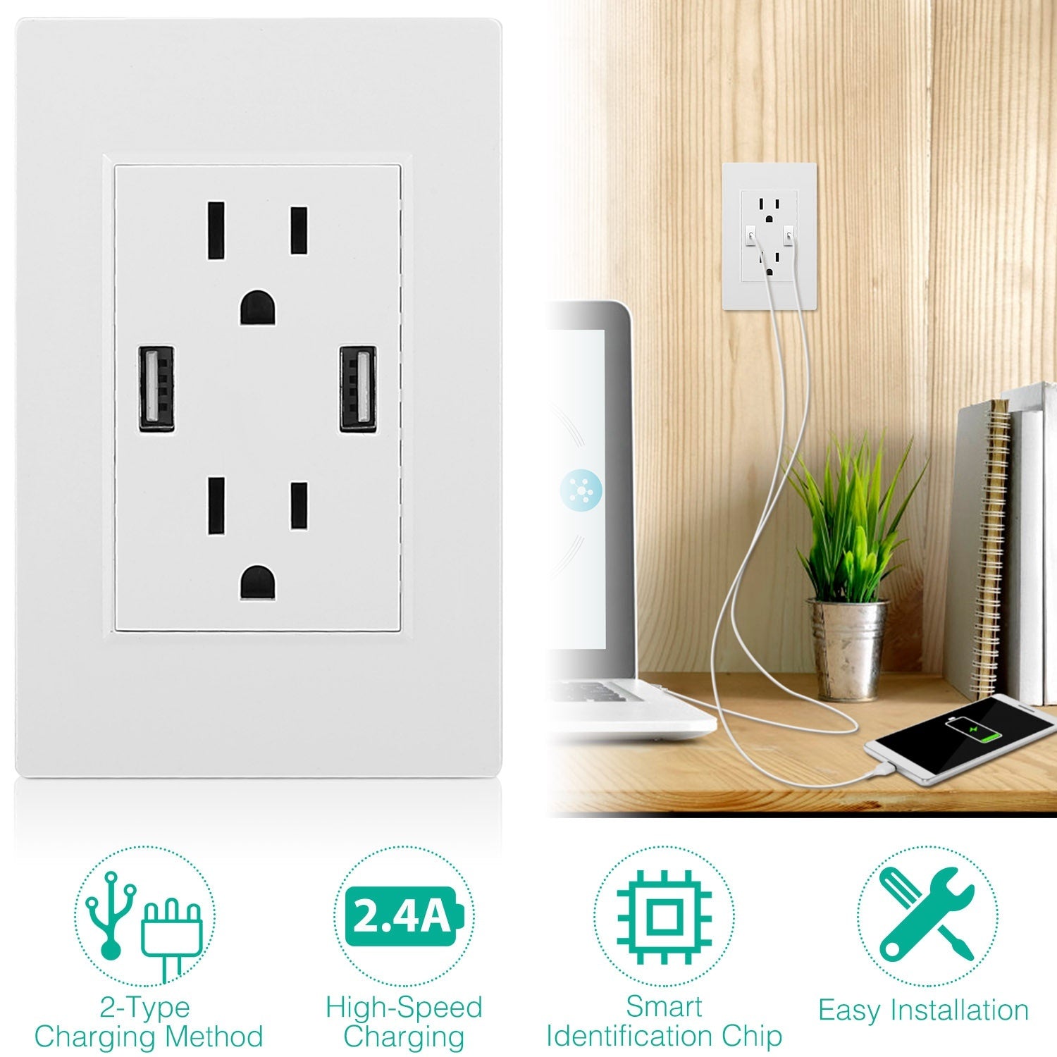 Black-White Color Options -- 1Pc USB Wall Outlet Dual 2.4A USB Wall Charger High Speed Duplex Wall Socket US Standard