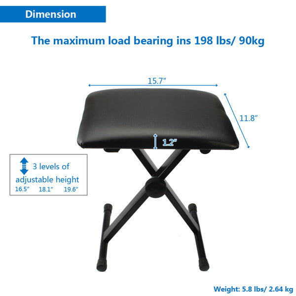 X-type Keyboard Stand And Adjustable Folding Piano Bench Stool Seat -Black